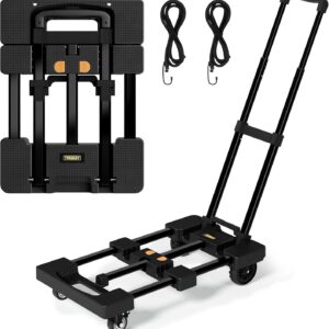 Folding Hand Truck 500 LB, Portable Heavy Duty Dolly Cart with 4 Wheels (2 with Brake) & Extendable 26" Plate, Collapsible Luggage Trolley with 2 Elastic Straps for Travel, Moving, Camping